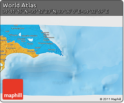 Political 3D Map of the Area around 34° 56' 49" N, 34° 4' 30" E