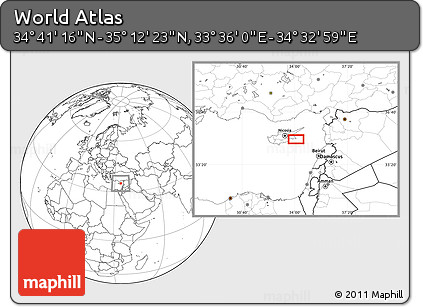 Blank Location Map of the Area around 34° 56' 49" N, 34° 4' 30" E