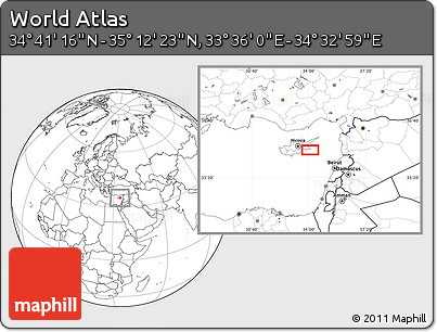 Blank Location Map of the Area around 34° 56' 49" N, 34° 4' 30" E