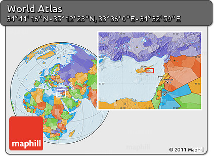 Political Location Map of the Area around 34° 56' 49" N, 34° 4' 30" E