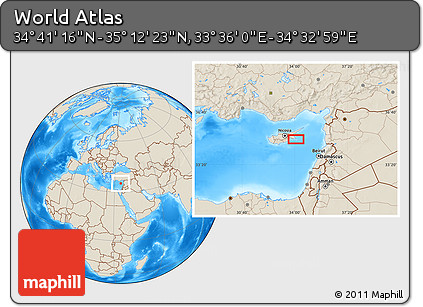 Shaded Relief Location Map of the Area around 34° 56' 49" N, 34° 4' 30" E