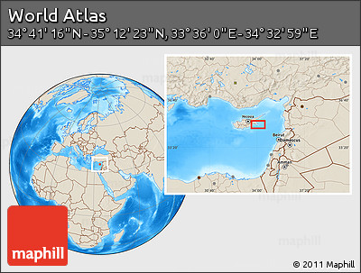 Shaded Relief Location Map of the Area around 34° 56' 49" N, 34° 4' 30" E