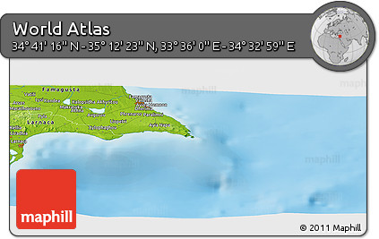 Physical Panoramic Map of the Area around 34° 56' 49" N, 34° 4' 30" E