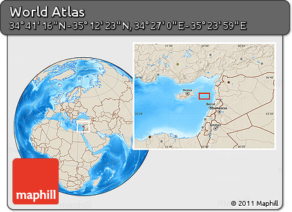 Shaded Relief Location Map of the Area around 34° 56' 49" N, 34° 55' 29" E