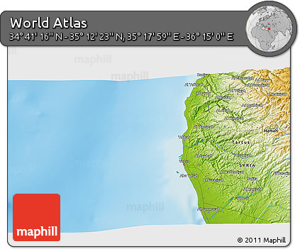 Physical 3D Map of the Area around 34° 56' 49" N, 35° 46' 29" E