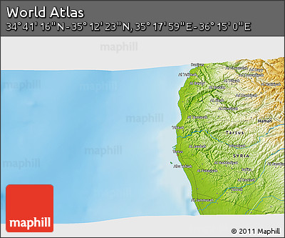 Physical 3D Map of the Area around 34° 56' 49" N, 35° 46' 29" E
