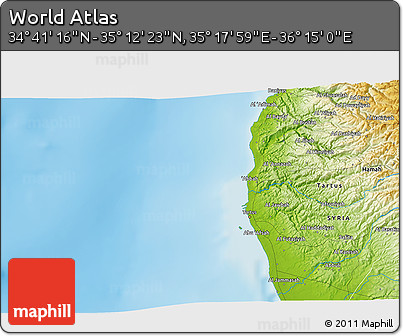 Physical 3D Map of the Area around 34° 56' 49" N, 35° 46' 29" E