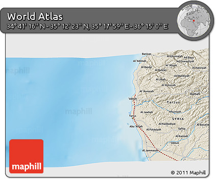 Shaded Relief 3D Map of the Area around 34° 56' 49" N, 35° 46' 29" E