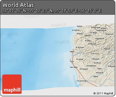 Shaded Relief 3D Map of the Area around 34° 56' 49" N, 35° 46' 29" E