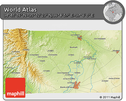 Physical 3D Map of the Area around 34° 56' 49" N, 36° 37' 30" E
