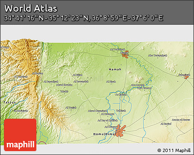 Physical 3D Map of the Area around 34° 56' 49" N, 36° 37' 30" E