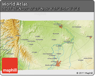 Physical 3D Map of the Area around 34° 56' 49" N, 36° 37' 30" E