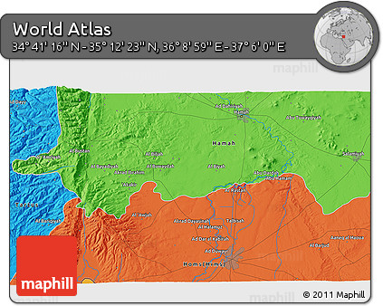 Political 3D Map of the Area around 34° 56' 49" N, 36° 37' 30" E