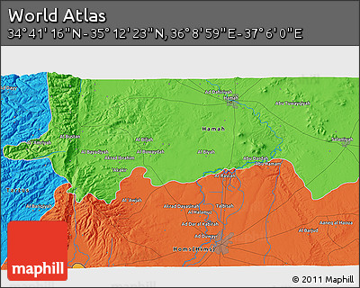 Political 3D Map of the Area around 34° 56' 49" N, 36° 37' 30" E