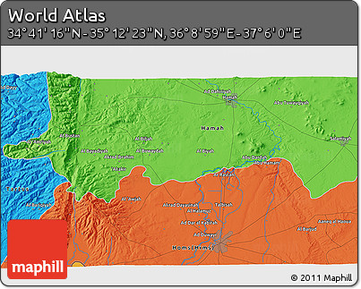 Political 3D Map of the Area around 34° 56' 49" N, 36° 37' 30" E