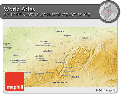 Physical 3D Map of the Area around 34° 56' 49" N, 37° 28' 30" E