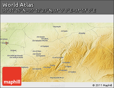 Physical 3D Map of the Area around 34° 56' 49" N, 37° 28' 30" E