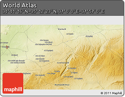 Physical 3D Map of the Area around 34° 56' 49" N, 37° 28' 30" E