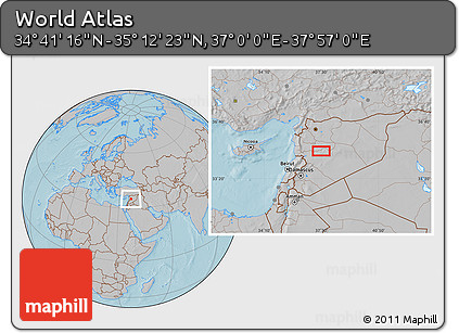 Gray Location Map of the Area around 34° 56' 49" N, 37° 28' 30" E, hill shading