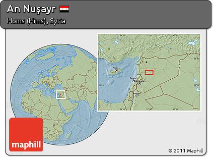 Savanna Style Location Map of An Nuşayr, hill shading
