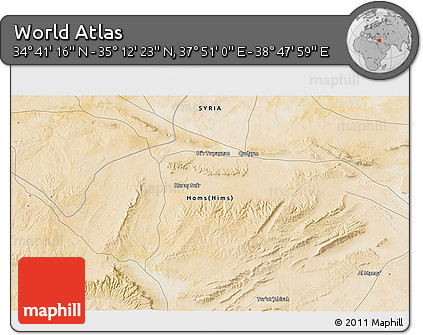 Satellite 3D Map of the Area around 34° 56' 49" N, 38° 19' 30" E