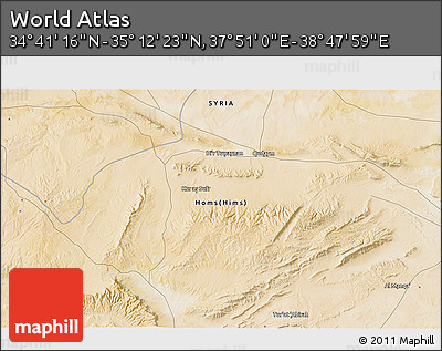 Satellite 3D Map of the Area around 34° 56' 49" N, 38° 19' 30" E