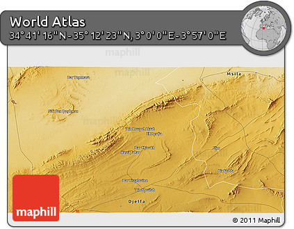Physical 3D Map of the Area around 34° 56' 49" N, 3° 28' 30" E