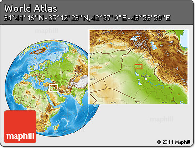 Physical Location Map of the Area around 34° 56' 49" N, 43° 25' 29" E