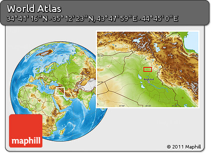 Physical Location Map of the Area around 34° 56' 49" N, 44° 16' 29" E