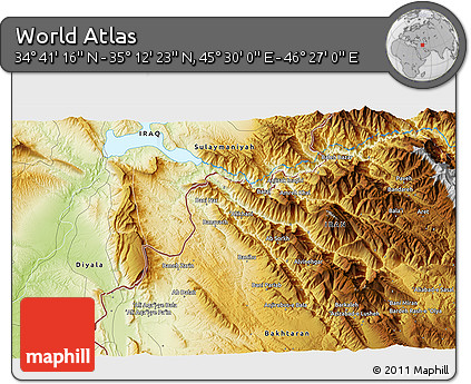 Physical 3D Map of the Area around 34° 56' 49" N, 45° 58' 30" E