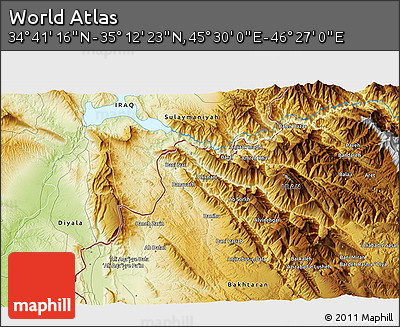 Physical 3D Map of the Area around 34° 56' 49" N, 45° 58' 30" E