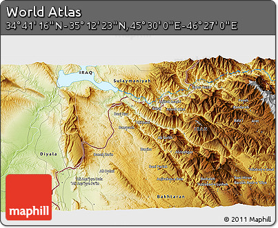 Physical 3D Map of the Area around 34° 56' 49" N, 45° 58' 30" E