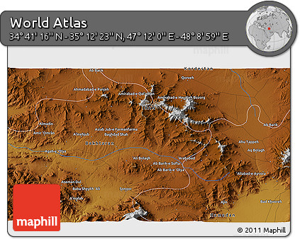 Physical 3D Map of the Area around 34° 56' 49" N, 47° 40' 29" E