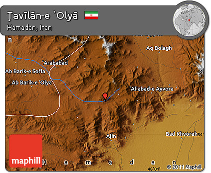Physical Map of Ţavīlān-e `Olyā