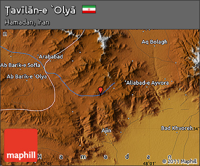 Physical Map of Ţavīlān-e `Olyā