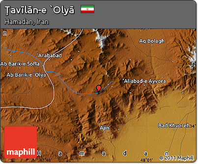 Physical Map of Ţavīlān-e `Olyā
