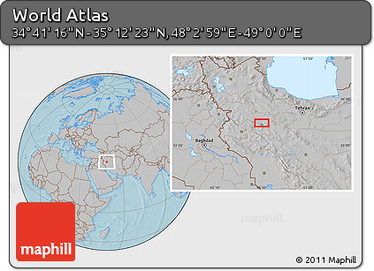 Gray Location Map of the Area around 34° 56' 49" N, 48° 31' 29" E, hill shading