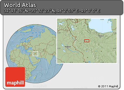 Savanna Style Location Map of the Area around 34° 56' 49" N, 48° 31' 29" E, hill shading