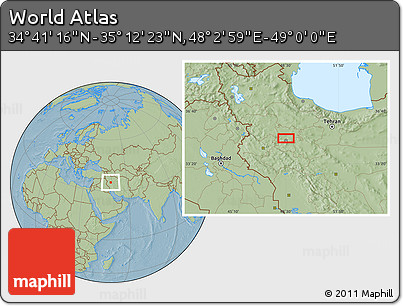 Savanna Style Location Map of the Area around 34° 56' 49" N, 48° 31' 29" E, hill shading