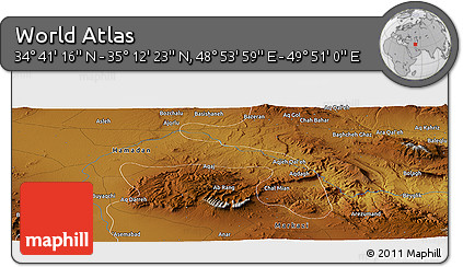 Physical Panoramic Map of the Area around 34° 56' 49" N, 49° 22' 30" E