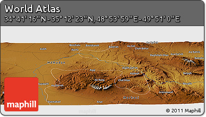 Physical Panoramic Map of the Area around 34° 56' 49" N, 49° 22' 30" E