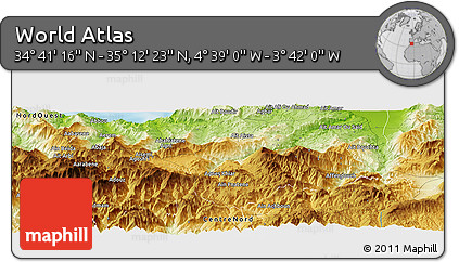 Physical Panoramic Map of the Area around 34° 56' 49" N, 4° 10' 30" W