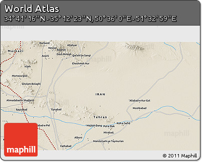 Shaded Relief 3D Map of the Area around 34° 56' 49" N, 51° 4' 30" E