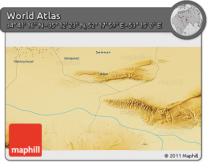 Physical 3D Map of the Area around 34° 56' 49" N, 52° 46' 29" E