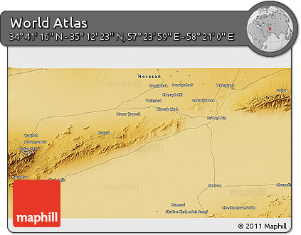 Physical 3D Map of the Area around 34° 56' 49" N, 57° 52' 30" E
