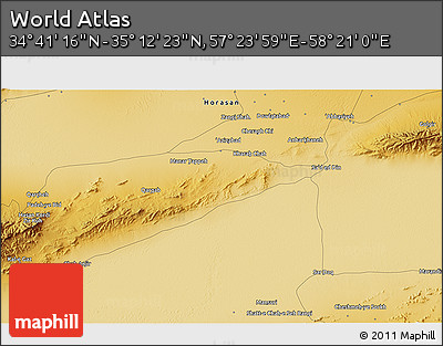Physical 3D Map of the Area around 34° 56' 49" N, 57° 52' 30" E