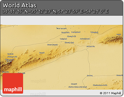 Physical 3D Map of the Area around 34° 56' 49" N, 57° 52' 30" E