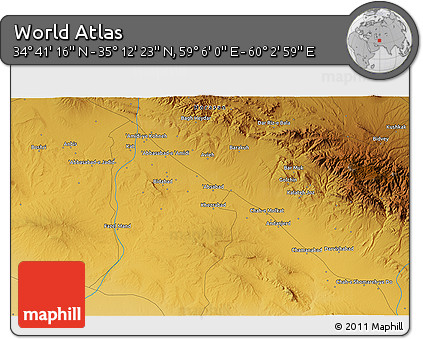 Physical 3D Map of the Area around 34° 56' 49" N, 59° 34' 30" E
