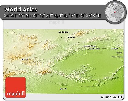 Physical 3D Map of the Area around 34° 56' 49" N, 5° 10' 30" E