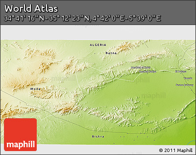 Physical 3D Map of the Area around 34° 56' 49" N, 5° 10' 30" E